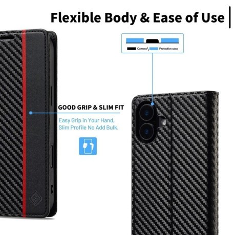 Чехол-книжка LCIMEEKE Carbon Fiber для iPhone 16 Plus - Black