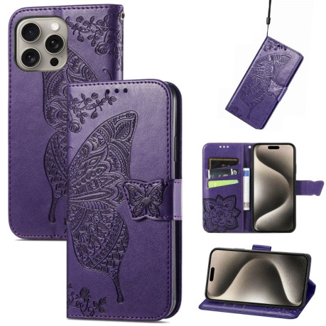 Чохол-книжка Butterfly Love Flower Embossed для iPhone 16 Pro Max - фіолетовий