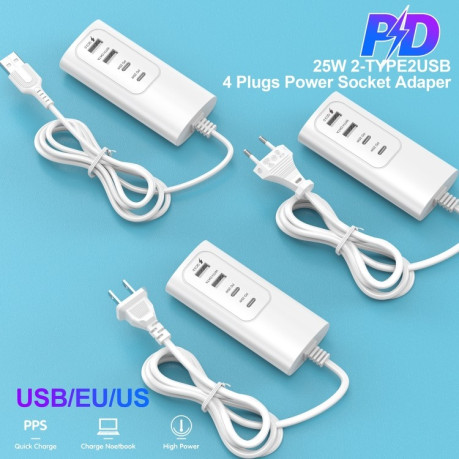 Многофункциональная зарядка PD 20W Dual USB-C/Type-C + Dual USB 4-Ports Fast Charging Power Socket - белая