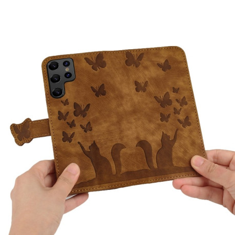 Чехол-книжка Cat Embossing Pattern на Samsung Galaxy S25 Ultra 5G - коричневый