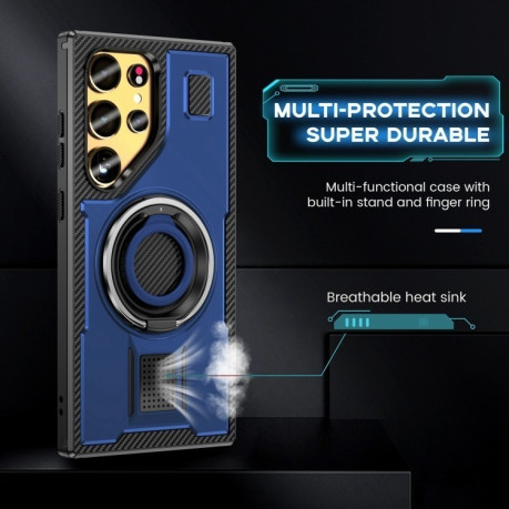 Противоударный чехол Ring Holder Carbon Fiber PC Hybrid TPU для Samsung Galaxy S25 Ultra 5G - синий