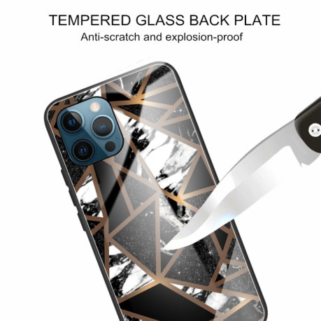 Противоударный стеклянный чехол Marble Pattern Glass на iPhone 13 Pro Max - Rhombus Black