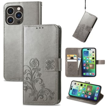 Чехол Four-leaf Clasp Embossed Buckle на iPhone 15 Pro - серый