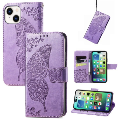 Чехол-книжка Butterfly Love Flower Embossed для iPhone 15 - светло-фиолетовый