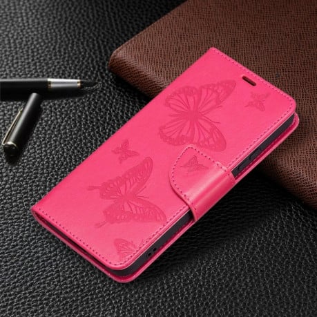Чехол-книжка Butterflies Pattern для Samsung Galaxy S22 Ultra 5G - пурпурно-красный