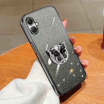 Противоударный чехол Plated Gradient Glitter Butterfly Holder для Samsung Galaxy A06 4G - черный