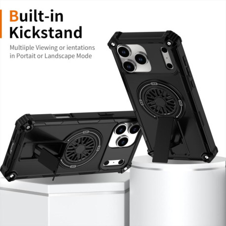 Противоударный чехол Shockproof Kickstand Metallic Shaft MagSafe на iPhone 17 Pro - черный