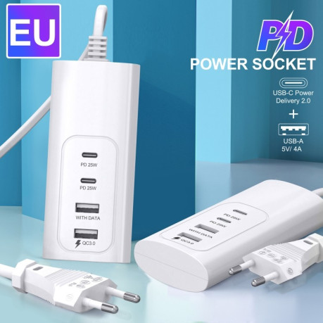 Многофункциональная зарядка PD 20W Dual USB-C/Type-C + Dual USB 4-Ports Fast Charging Power Socket - белая