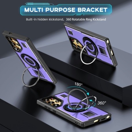 Протиударний чохол Ring Holder Carbon Fiber PC Hybrid TPU  для Samsung Galaxy S25 Ultra 5G - фіолетовий