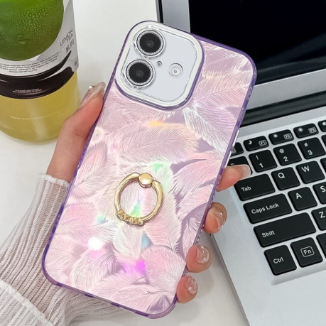 Противоударный чехол Plating Glitter Texture Ring Holder для iPhone 16 - Purple Feathers