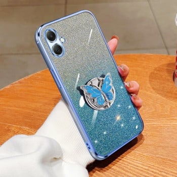 Противоударный чехол Plated Gradient Glitter Butterfly Holder для Samsung Galaxy A06 4G - голубой