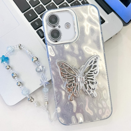 Противоударный чехол Plating Glitter Lens Film Texture Butterfly Holder Wristband для iPhone 16 - White Wrinkles