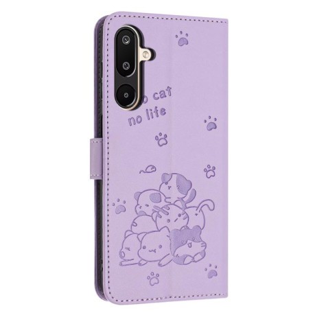 Чехол-книжка Embossed Kitten Phone Leather для на Samsung Galaxy F16 5G / M16 5G - фиолетовый