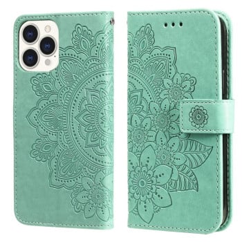 Чехол-книжка Flowers Embossing Pattern для iPhone 13 Pro Max - зеленый
