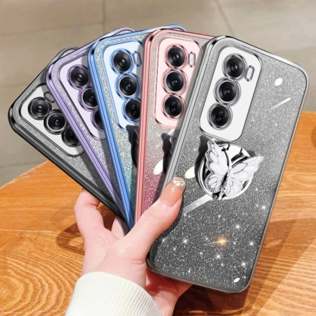 Противоударный чехол Plated Gradient Glitter Butterfly Holder для OPPO Reno 12 Global - черный