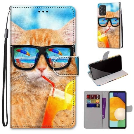 Чехол-книжка Coloured Drawing Cross для Samsung Galaxy A53 5G - Cat Drinking Soda