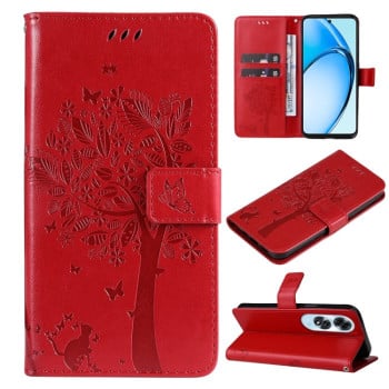 Чехол-книжка Tree &amp; Cat Embossed Pattern для OPPO A60 4G - красный