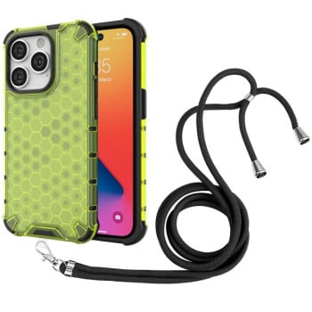 Противоударный чехол Honeycomb with Neck Lanyard для  iPhone 14 Pro - зеленый