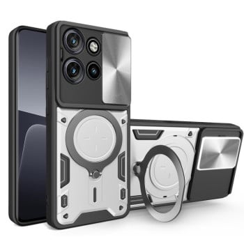 Чохол із шторкою камери CD фактурою та підставкою на Motorola Edge 50 Neo - сріблястий