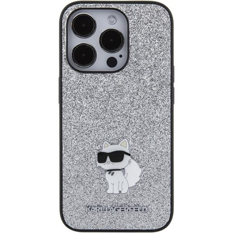 Оригинальный чехол Karl Lagerfeld Fixed Glitter Choupette Logo Metal Pin для iPhone 15 Pro - Silver