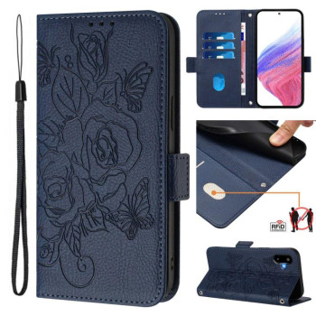 Чехол-книжка Embossed Rose RFID Anti-theft Leather для Samsung Galaxy M06 5G - синій
