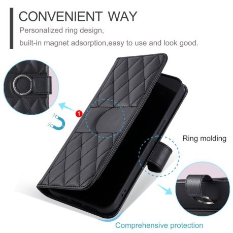 Чехол-книжка Ring Buckle Rhombic Leather для OPPO Reno13 Pro 5G - черный