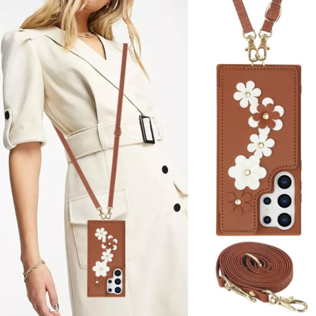 Чохол Crossbody Flower Pattern Leather  для Samsung Galaxy S25 Ultra 5G - коричневий