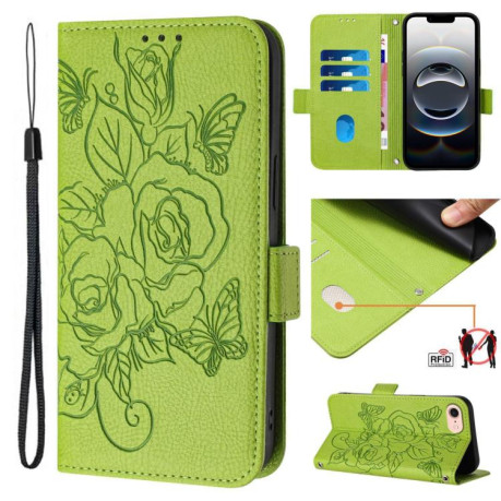 Чехол-книжка Embossed Rose RFID Anti-theft Leather для iPhone 16e - зеленый