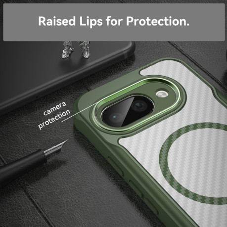 Ударозащитный чехол Carbon Fiber Texture MagSafe Translucent на Google Pixel 9a - зеленый