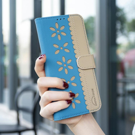 Чехол-книжка Splicing Color Hollow Flower Pattern RFID для Xiaomi Poco F7 5G - голубой