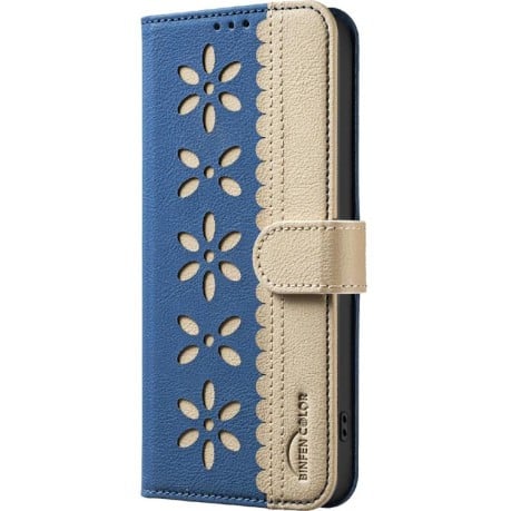 Чехол-книжка Splicing Color Hollow Flower Pattern RFID для Xiaomi Poco F7 5G - синій