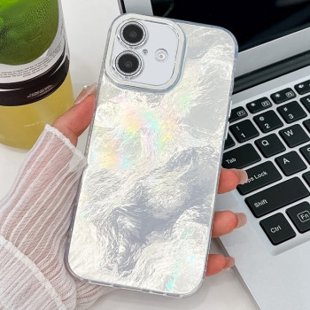 Противоударный чехол Plating Glitter Texture TPU with Lens Film для iPhone 16 Plus - White  Tinfoil Texture