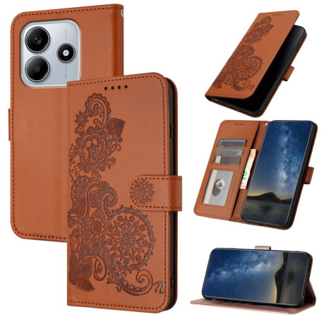 Чехол-книжка Embossed Flower Zipper Leather на Redmi Note 14 5G/Poco M7 Pro 5G - коричневый