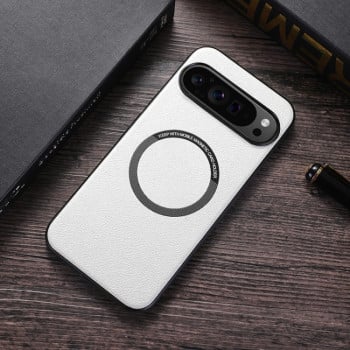 Чехол Magsafe Magnetic Ring Leather Texture для Google Pixel 9 - белый