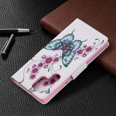 Чехол-книжка Colored Drawing Pattern для Samsung Galaxy S22 Ultra 5G - Peach Blossom Butterfly