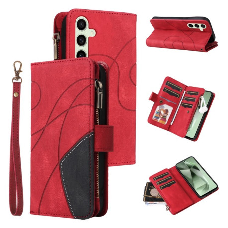 Чехол-книжка Dual-color 9 Card Slots Zipper Wallet Leather для Samsung Galaxy S24 FE 5G - красный