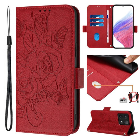 Чохол-книжка Embossed Rose RFID Anti-theft Leather для Xiaomi 14T - червоний