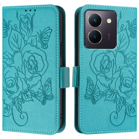 Чехол-книжка Embossed Rose RFID Anti-theft Leather для Vivo Y36 5G / 4G / Y27s 4G Global - голубой