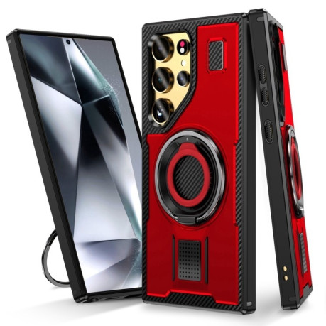 Протиударний чохол Ring Holder Carbon Fiber PC Hybrid TPU  для Samsung Galaxy S25 Ultra 5G - червоний