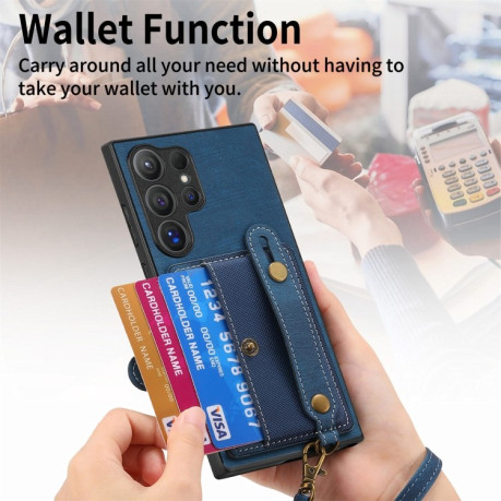 Протиударний чохол Retro Cross Wristband Wallet Leather для Samsung Galaxy S24 Ultra 5G - синій