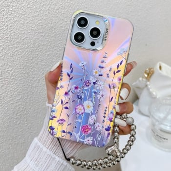 Чехол Electroplating Laser Flower Phone Case with Wrist Strap  для iPhone 16 Pro - Flower