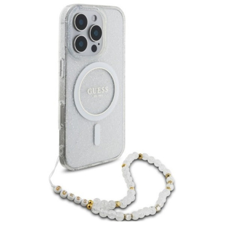 Оригинальный чехол Guess IML Glitter With Pearl Strap MagSafe для iPhone 16 Pro Max - Clear