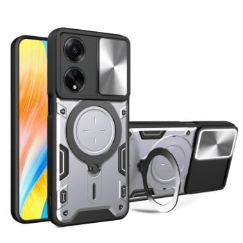 Чехол со шторкой камеры CD фактурой и подставкой на OPPO F23 5G India / A98 5G/A97 / A1 5G - серебристый