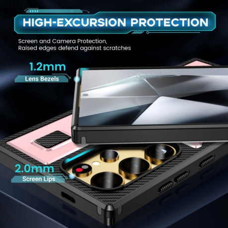 Протиударний чохол Ring Holder Carbon Fiber PC Hybrid TPU  для Samsung Galaxy S25 Ultra 5G - рожеве золото