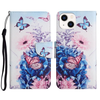 Чохол-книжка Colored Drawing Pattern для iPhone 14 Plus - Purple butterfly