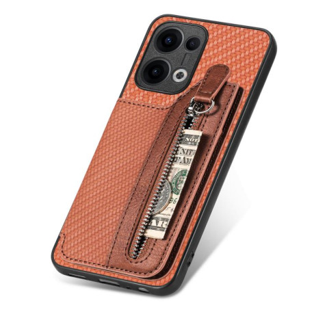 Противоударный чехол Carbon Fiber Horizontal Flip Zipper Wallet для OPPO Reno13 5G - коричневый
