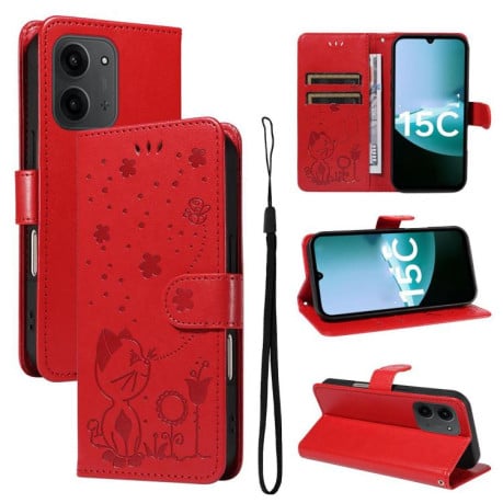 Чехол-книжка Cat Embossing Pattern на Xiaomi Redmi 15C 5G / 4G EU 173mm - красный