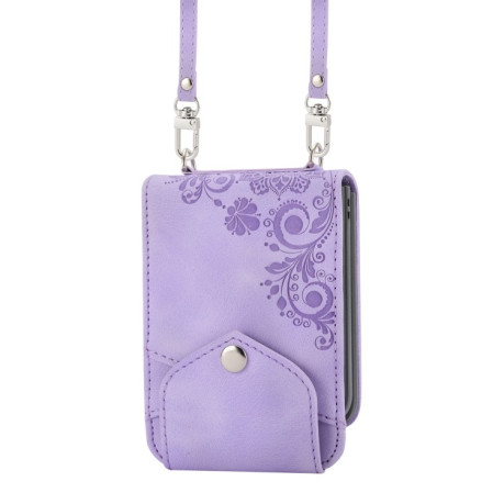 Противоударный чехол Skin Feel Flowers Embossed Wallet для Samsung Galaxy Flip 5 - фиолетовый