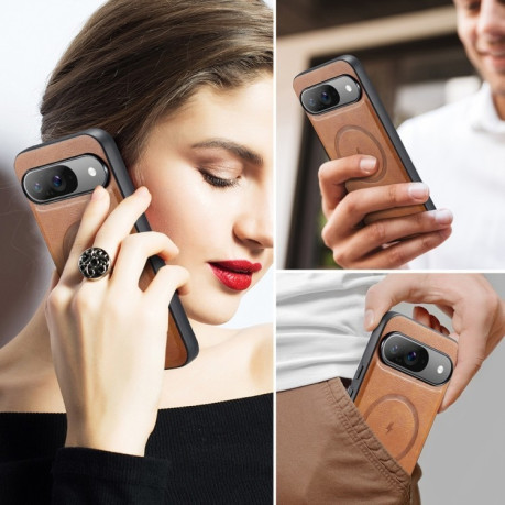 Чехол Fierre Shann Cowhide Texture MagSafe Magnetic для Google Pixel 9 Pro XL - коричневый