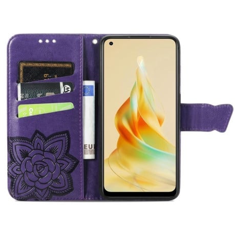 Чехол-книжка Butterfly Love Flower Embossed для OPPO Reno8 T 4G - фиолетовый